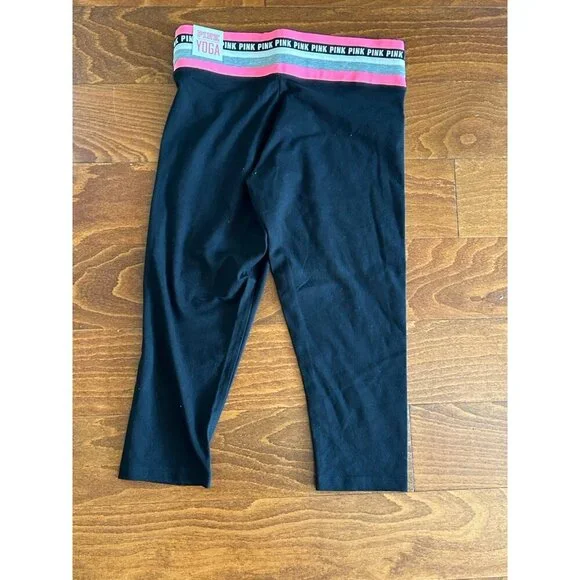 Victoria Secret Pink Yoga Flat Crop Legging Pink/Black NWT Size M Logo Stretch - Picture 6 of 6